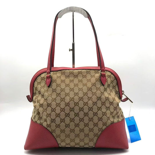 Gucci Beige Red Monogram Canvas Leather Shoulder Bag Medium