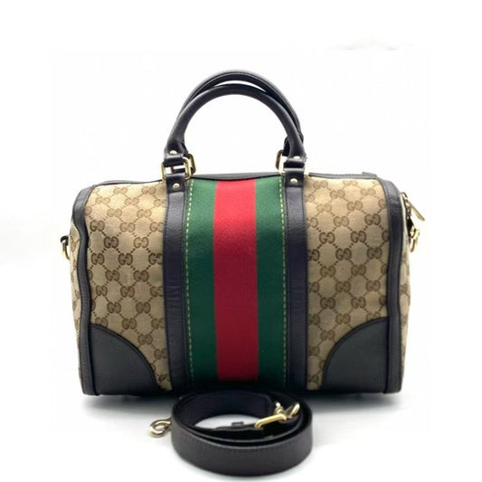Gucci Boston Beige Canvas Leather Trim Bag Medium