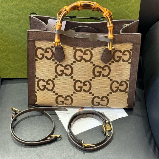 Gucci Diana Brown Canvas Bamboo Handle Tote Bag 34.5x28x10cm