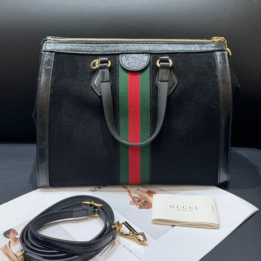 Gucci Black Suede Leather Stripe Tote Bag 33x17x25cm