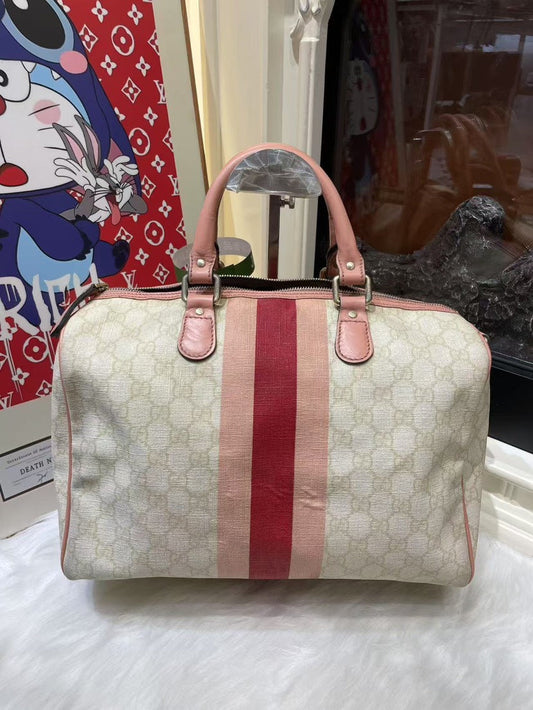 Gucci Boston Bag in Beige Canvas with Pink Stripes - Preloved Handbag