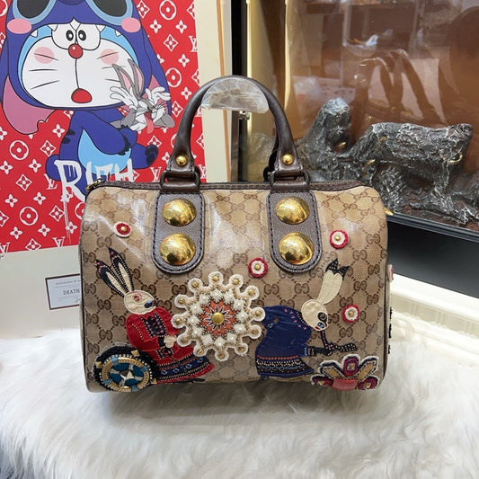 Gucci Boston Bag Beige Canvas Satchel with Embroidered Rabbits