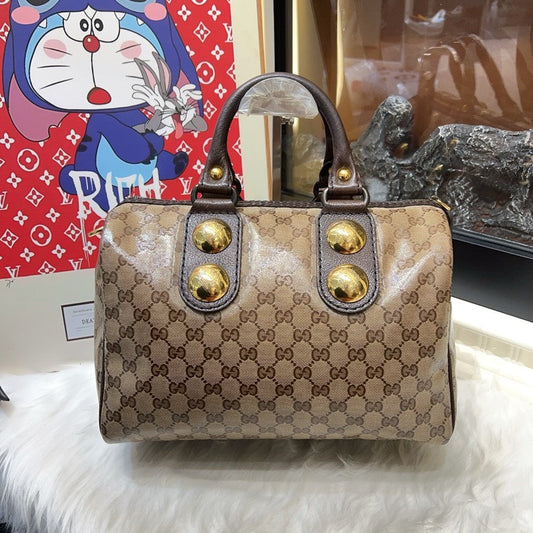 Gucci Boston Bag Beige Canvas Satchel with Embroidered Rabbits