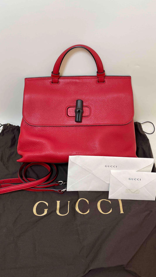 Gucci Bamboo Top Handle Bag Red Leather Shoulder Bag