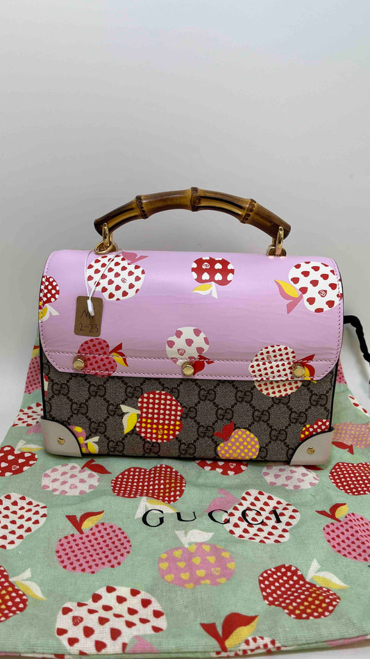 Gucci GG Supreme Pink and Beige Bamboo Handle Top Handle Bag