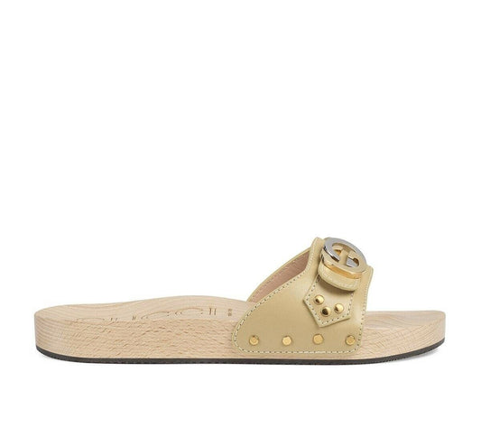 Gucci GG Lifford Wooden Slide Sandals in Beige