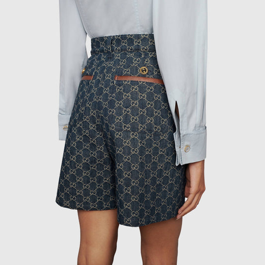 Gucci Aria Jumbo GG Denim Shorts with Ivory GG Pattern Sz 40 New with Tags