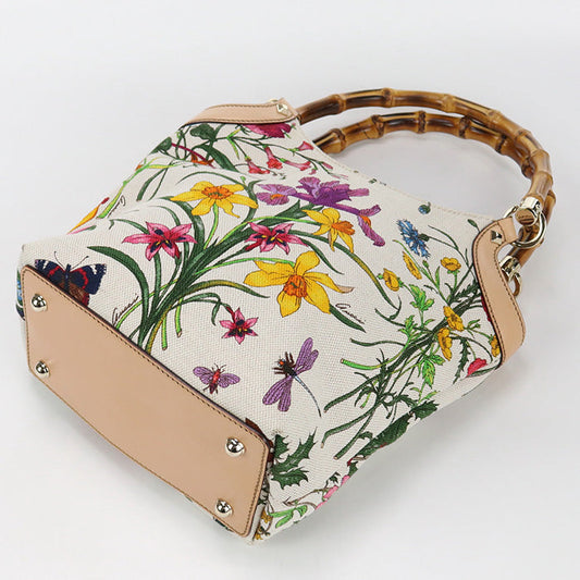 GUCCI 140203 Tote Bag Bamboo Flora Handbag Flower Botanical canvas ivory Women
