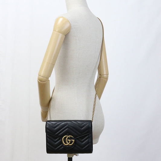 GUCCI 474575 DTD1T 1000 Long Wallet GG Marmont Flap Wallet.Chain Wallet Purse Quilted Leather black Women