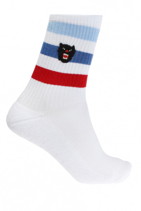 Gucci Cotton Socks in White with Stripes and Panther Patch